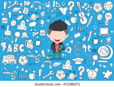 Student boy idea on school and education background, drawing by hand vector