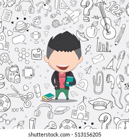 Student boy idea on school and education background, drawing by hand vector