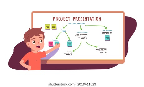 Student boy kid presenting school project at whiteboard with flowchart. Child person giving presentation at white board at lesson. Education, study, learning, knowledge flat vector illustration