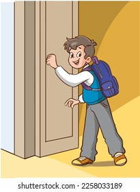 student boy knocking on classroom door cartoon vector