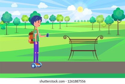 Student boy on gyroscooter in park riding hoverboard vector. Person human with vape in hands, wearing backpack. Male using modern technologies