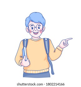 Student boy is pointing on something character design of vector. Doodle illustration.