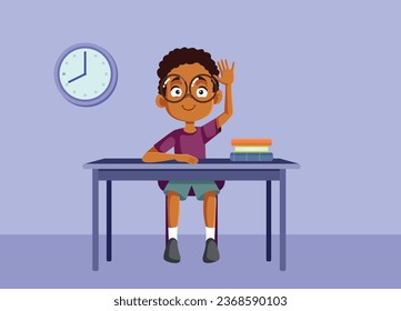 
Student Boy Raising a Hand up in Class Vector Cartoon Illustration. Studious schoolboy participating as volunteer in class activities
