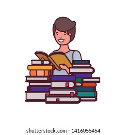 student boy with reading book in the hands