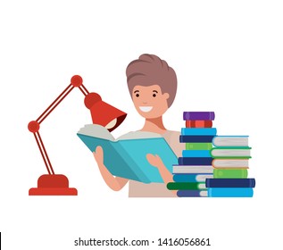 student boy with reading book in the hands