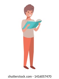 student boy with reading book in the hands