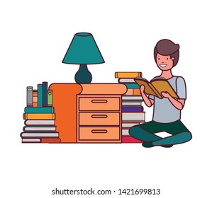 student boy with reading book in the hands