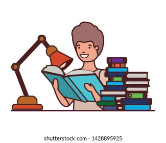 student boy with reading book in the hands