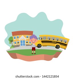 student boy with school building and bus