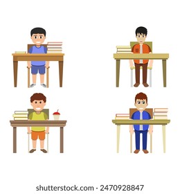 Student boy in school desk illustrated on white background