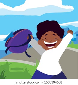 student boy with school suitcase, back to school vector illustration design