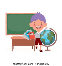 student boy with school supplies in the classroom