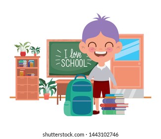 student boy with school supplies in the classroom