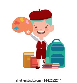 student boy with school supplies on white background