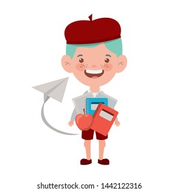 student boy with school supplies on white background