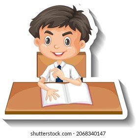 Student boy with school table cartoon illustration
