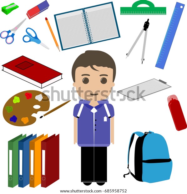 Student\
Boy And School Utensils Set, Vector,\
Illustration