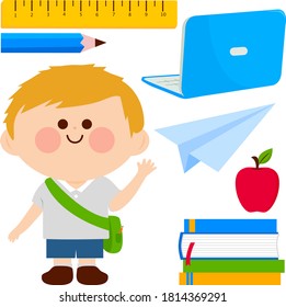 Student boy and set of school objects. Vector illustration