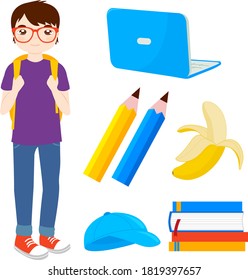 Student boy and set of school objects. Vector illustration