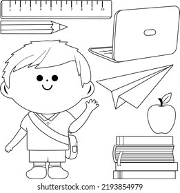 Niño estudiante y conjunto de objetos escolares. Página de color blanco y negro del vector