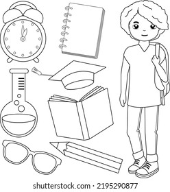 Niño estudiante y conjunto de objetos escolares. Página de color blanco y negro del vector