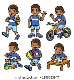student boy set in various poses and activities