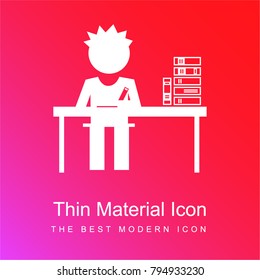 Student boy sitting behind a table with books stack at his side red and pink gradient material white icon minimal design