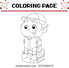 student boy is sitting book coloring page for kids