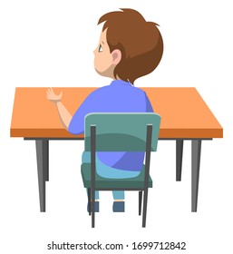 Student boy sitting by desk vector, isolated boy schoolboy answering question. Wooden table with shelf and chair for comfortable lessons and education, back to school concept. Flat cartoon