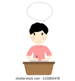 A student boy sitting at the desk and writing in the notebook with speech bubble.Vector illustration
