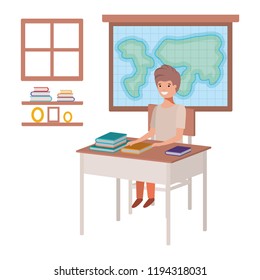student boy sitting in geography classroom