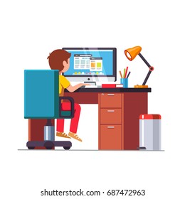 Student boy sitting at home office desk, doing school homework, surfing internet on desktop computer. Kids room with rolling chair, table, lamp & bin. Flat vector illustration isolated on white.