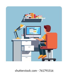 Student boy sitting at home office desk, doing school homework, surfing internet on desktop computer. Kids room with swiveling rolling chair, wooden table, lamp & bin. Flat style vector illustration.