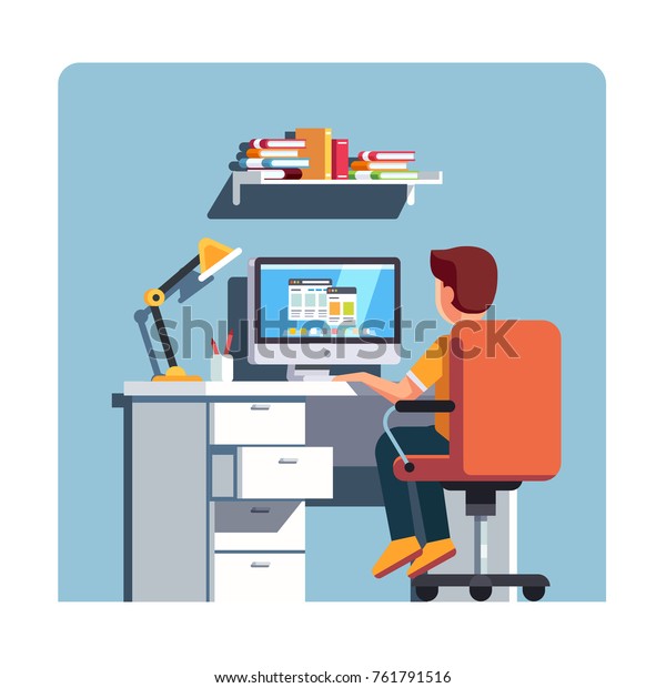 Student boy sitting at home office desk,\
doing school homework, surfing internet on desktop computer. Kids\
room with swiveling rolling chair, wooden table, lamp & bin.\
Flat style vector\
illustration.
