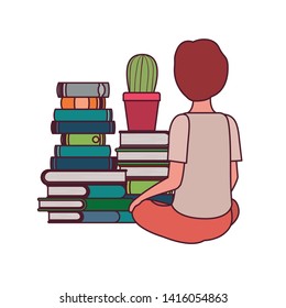 student boy sitting on his back with stack of books