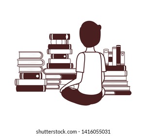 student boy sitting on his back with stack of books