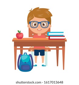 student boy sitting in school desk on white background vector illustration design