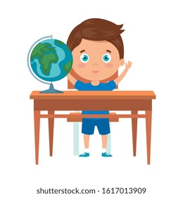 student boy sitting in school desk on white background vector illustration design