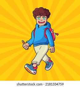 Student boy, smiling, walking, with backpack on his back and an orange pencil in his hand