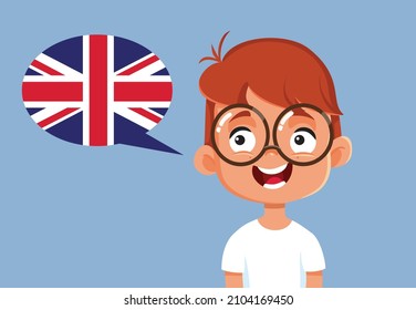 
Student Boy Speaking English Vector Cartoon Illustration. Little child learning a new foreign language of international circulation
