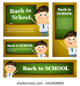 Student boy standing at blackboard. Set of back to school flyers design with text samples. Vector illustration can be used for posters, banners, ads, signs