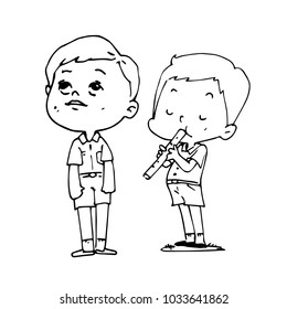 student boy are standing on school yard they are making the music drawing vector cartoon