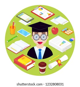 Student boy and stationary on green background.Vector illustration.
