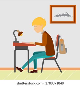 Student boy studying hard in home illustration