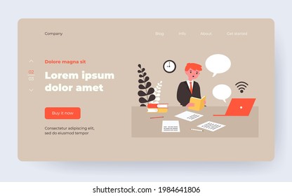 Student boy studying online. Pupil, book, computer, speech bubble flat vector illustration. Distant learning, home schooling concept for banner, website design or landing web page