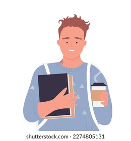 Student boy with takeaway coffee. Hot cappuccino beverage, coffee to go vector illustration