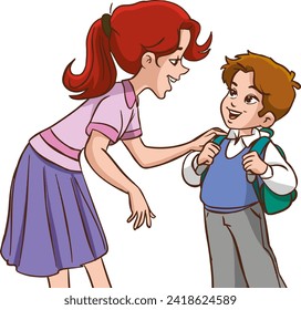 student boy talking to his mother before going to school