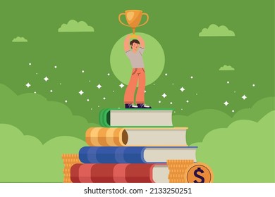 student boy with trophy character scene