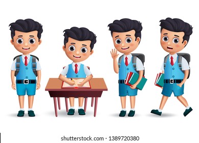 Student boy vector character set. School kid character wearing uniform and backpack with various postures like standing, walking and studying in desk. 3D realistic vector illustration.
