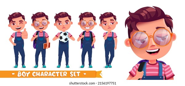Student Boy Vector Character Set. Male School Characters Collection With Eyeglasses, Backpack And Ball Elements Isolated In White Background For Education Kids Design. Vector Illustration.
